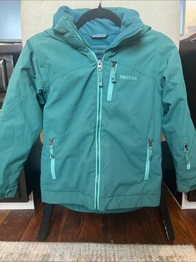Marmot Girls' Teal Hooded Rain Jacket with Contrast Zippers